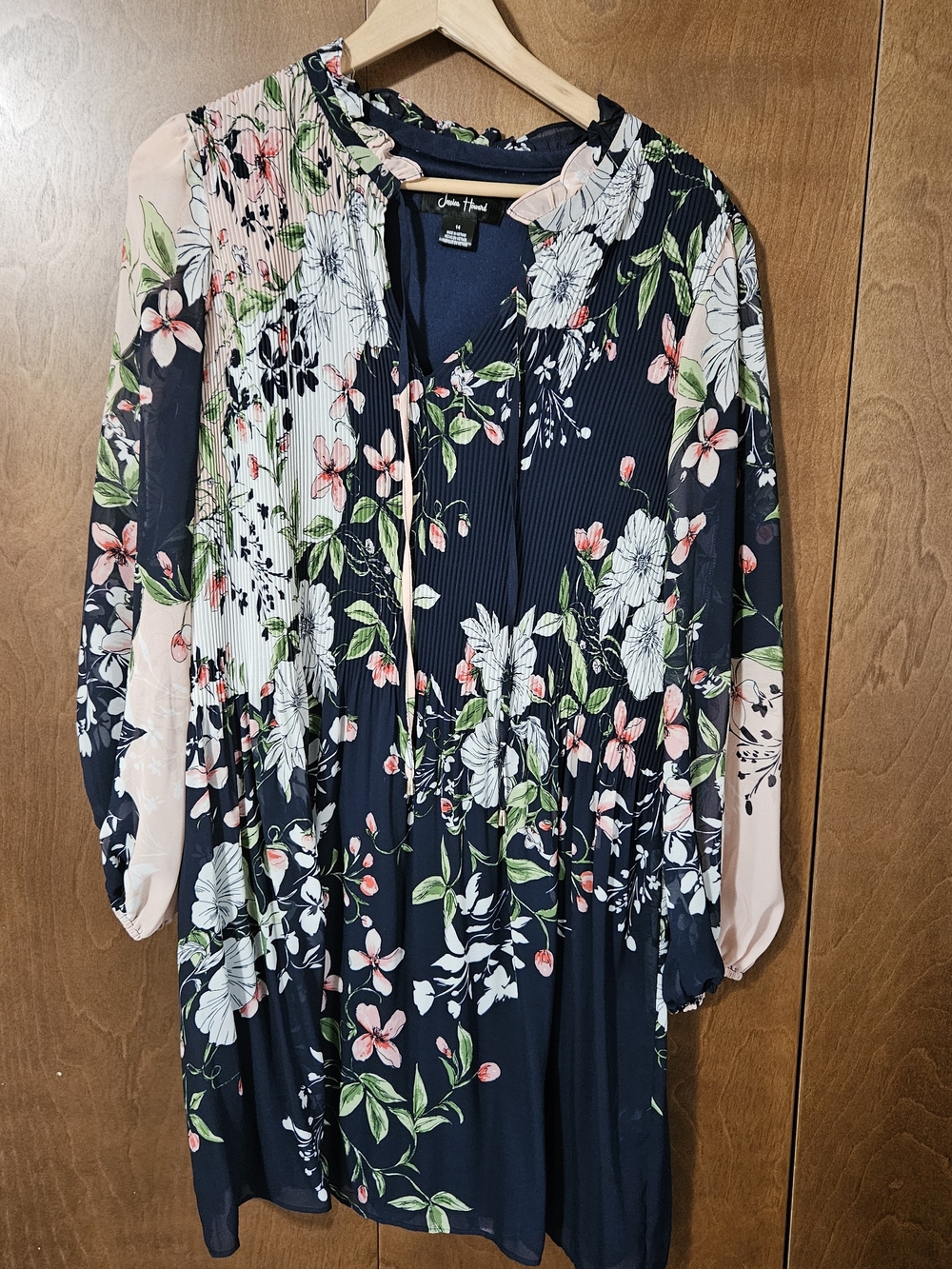 Jessica Howard Navy Floral Pleated Long-Sleeve Dress with Pink Accents